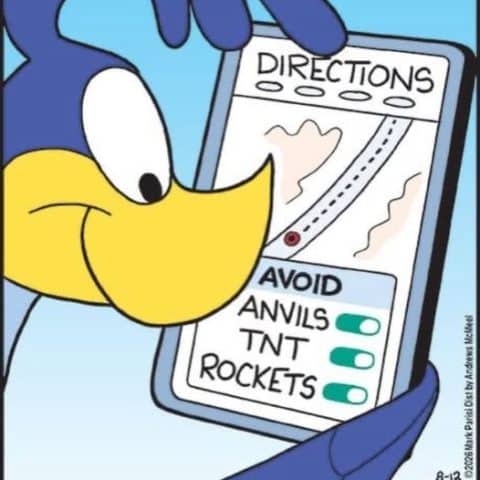 Cartoon bird holding a GPS-like device displaying options to avoid anvils, TNT, and rockets in the directions menu.