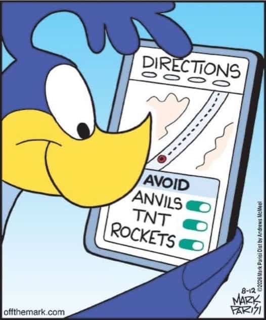 Cartoon bird holding a GPS-like device displaying options to avoid anvils, TNT, and rockets in the directions menu.