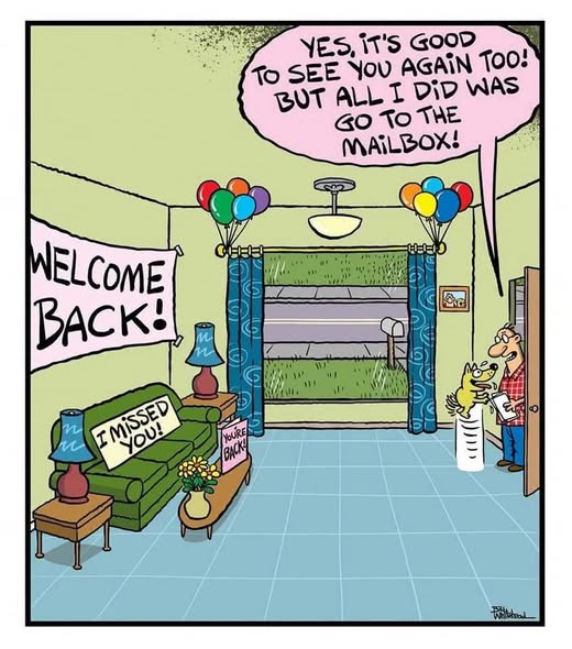 A man opening the door holding letters and a dog on a leash. The living room has decorations including balloons and welcome back signs, while the man says it's good to see the visitor but all he did was go to the mailbox.