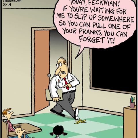Teacher stepping carefully on a banana peel in classroom while students watch as he warns a student named Feckman not to prank him.