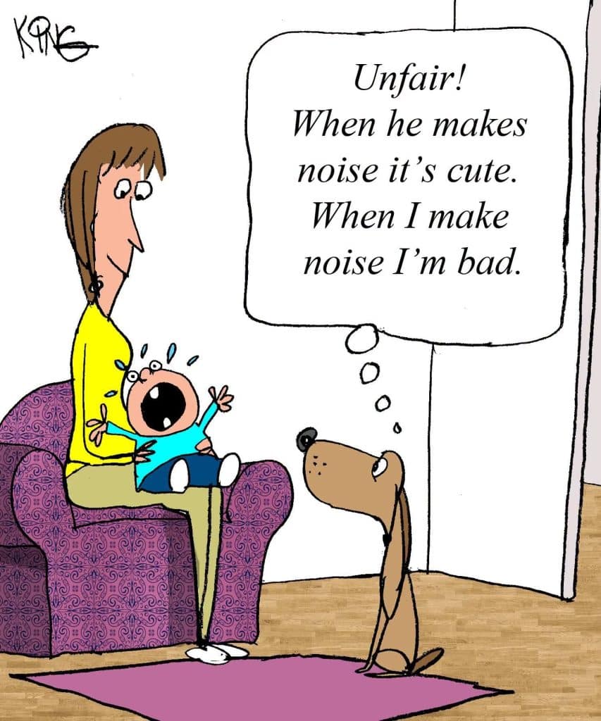 A cartoon shows a woman sitting on a purple armchair holding a crying baby. A brown dog sits nearby looking up at the woman with a thought bubble that says, 'Unfair! When he makes noise it’s cute. When I make noise I’m bad.'