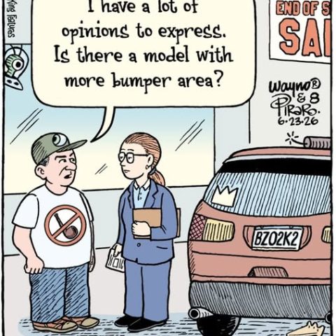 Man wearing a hat and a T-shirt with a no-smoking sign talks to a businesswoman in front of a car dealership, next to a red car with a license plate and a dented bumper, a pie on the ground nearby.