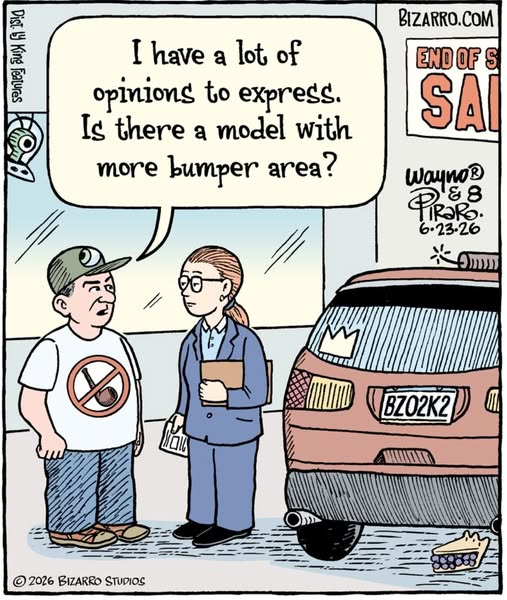 Man wearing a hat and a T-shirt with a no-smoking sign talks to a businesswoman in front of a car dealership, next to a red car with a license plate and a dented bumper, a pie on the ground nearby.