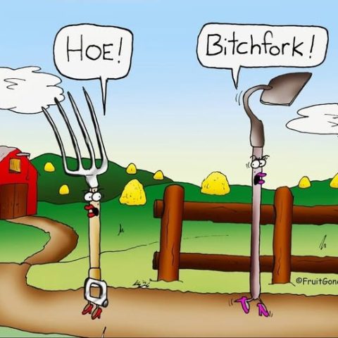 A cartoon farm scene shows an angry pitchfork labeled 'Hoe!' and a shovel labeled 'Bitchfork!', each with expressive eyes and lips, standing on a dirt path near a barn and wooden fence.