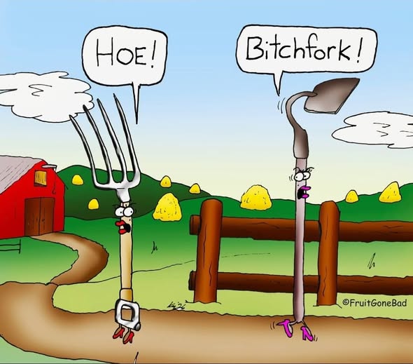 A cartoon farm scene shows an angry pitchfork labeled 'Hoe!' and a shovel labeled 'Bitchfork!', each with expressive eyes and lips, standing on a dirt path near a barn and wooden fence.
