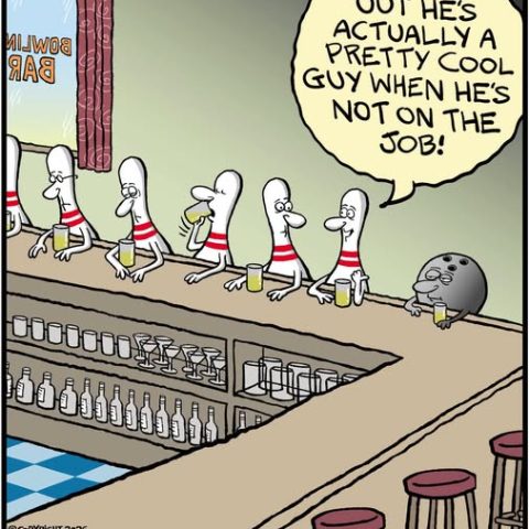 A group of bowling pins sitting at a bar counter with drinks, chatting with a bowling ball who looks relaxed. One pin says the ball is pretty cool when not on the job.