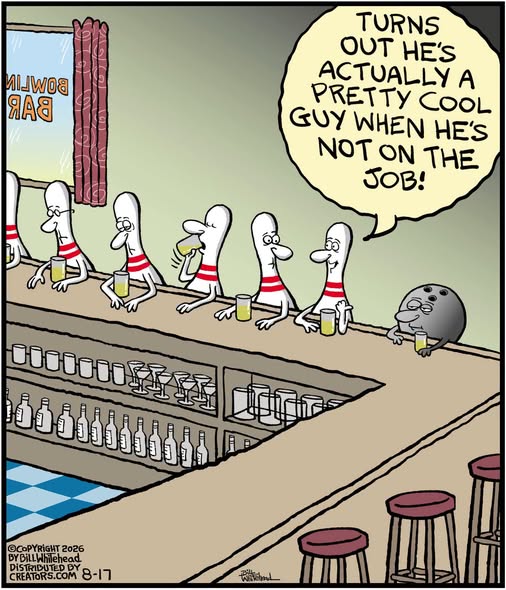 A group of bowling pins sitting at a bar counter with drinks, chatting with a bowling ball who looks relaxed. One pin says the ball is pretty cool when not on the job.