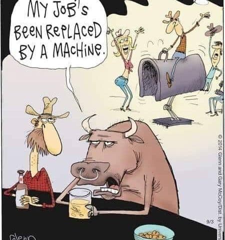 A tired-looking cow sitting at a bar holding a drink says his job was replaced by a machine while a cowboy rides a mechanical bull and people cheer in the background.