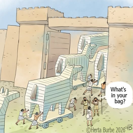 Ancient soldiers inspecting large wooden horse-shaped structures on wheels outside a city gate, one soldier asking ‘What's in your bag?’