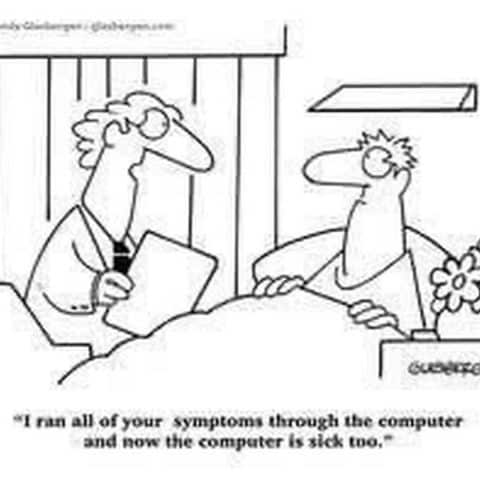 A cartoon of a doctor speaking to a patient in a hospital bed, saying he ran symptoms through a computer and now the computer is sick.