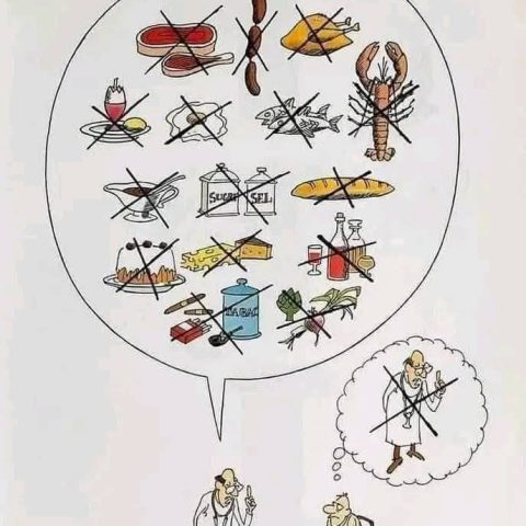 Cartoon of a doctor telling a patient to avoid many foods and items, with almost everything crossed out in a large speech bubble, and the patient thinking that the doctor should be avoided as well.