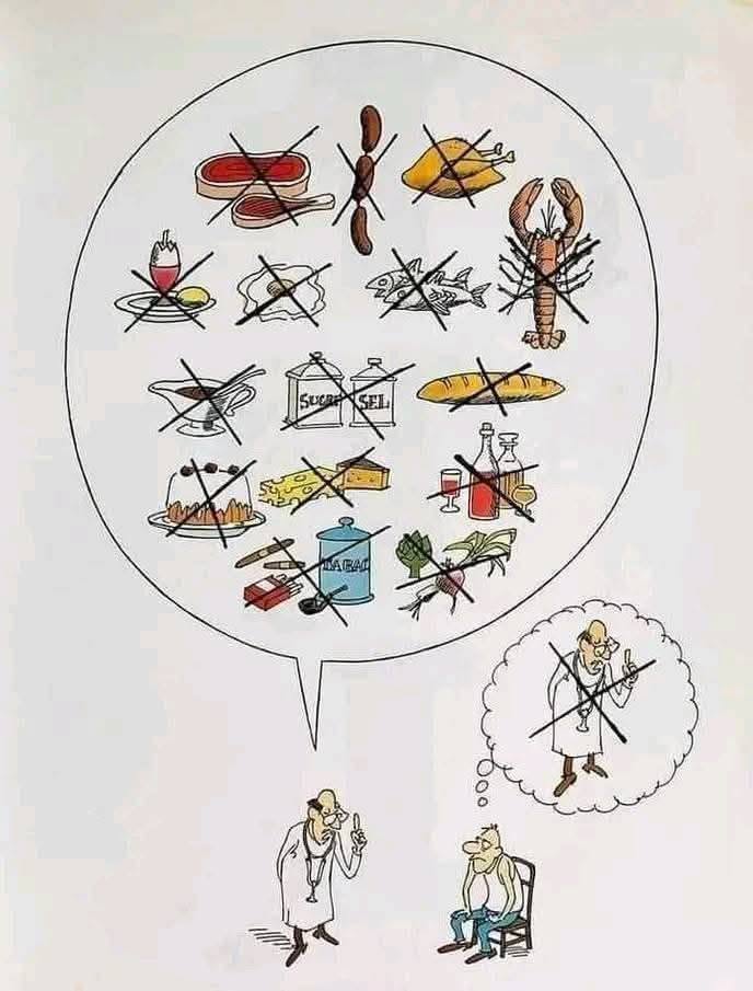 Cartoon of a doctor telling a patient to avoid many foods and items, with almost everything crossed out in a large speech bubble, and the patient thinking that the doctor should be avoided as well.