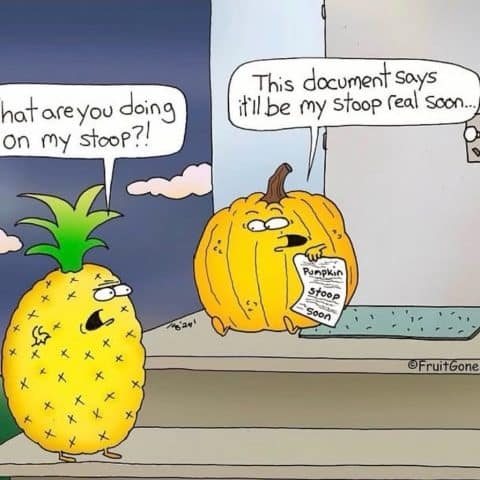 A cartoon pineapple angrily confronts a pumpkin sitting on a stoop holding a paper that says 'Pumpkin S toop soon'.