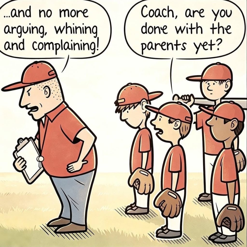 A youth baseball coach in a red cap addressing four young players in red uniforms, one player asks if the coach is done with the parents yet.