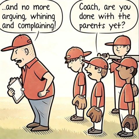 A youth baseball coach in a red cap addressing four young players in red uniforms, one player asks if the coach is done with the parents yet.