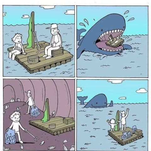 Two people on a raft in the ocean; a whale swallows part of the raft; people clean trash from the whale's stomach; whale waves goodbye as they float away.