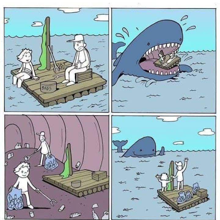 Two people on a raft in the ocean; a whale swallows part of the raft; people clean trash from the whale's stomach; whale waves goodbye as they float away.