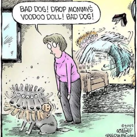 A woman in a pink sweater tells a dog to drop a voodoo doll, which causes a spinning magic effect with multiple eyes and limbs around the dog and nearby furniture.