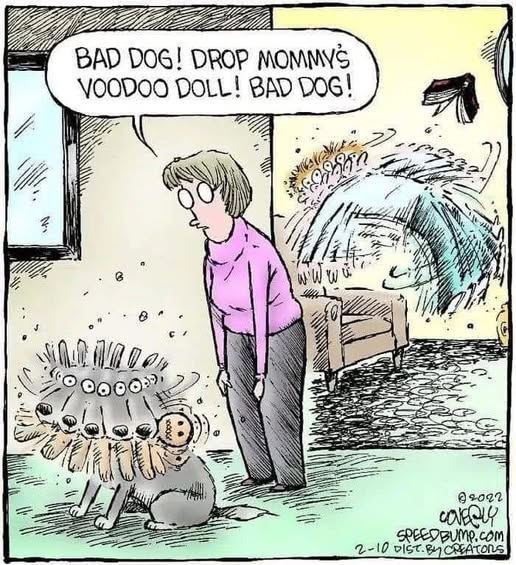 A woman in a pink sweater tells a dog to drop a voodoo doll, which causes a spinning magic effect with multiple eyes and limbs around the dog and nearby furniture.