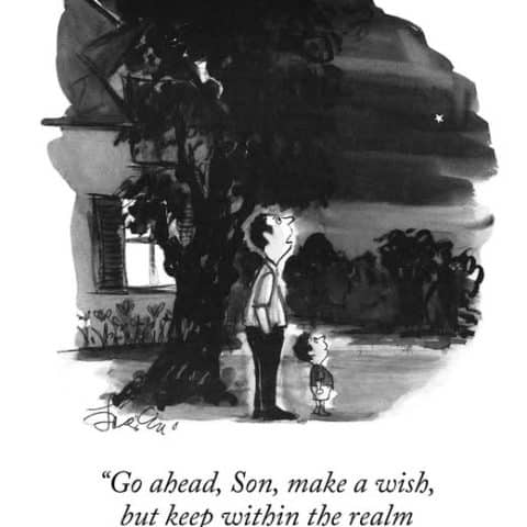 A father and son stand outdoors at night looking up at a single star in the sky near a house and tree.