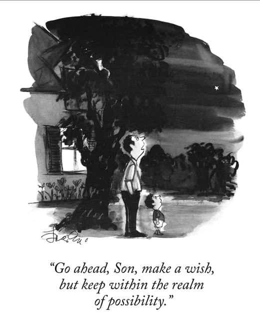 A father and son stand outdoors at night looking up at a single star in the sky near a house and tree.