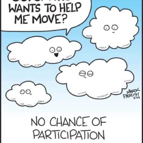 Four cartoon clouds with faces showing varying expressions; one cloud asks who wants to help move while the others look uninterested.