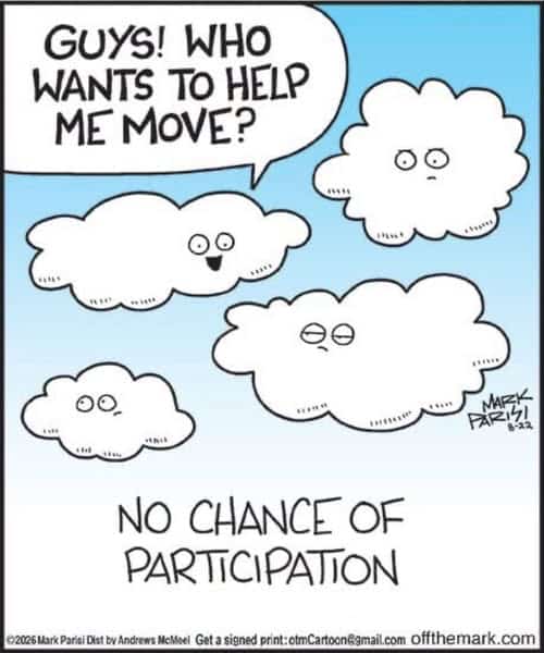 Four cartoon clouds with faces showing varying expressions; one cloud asks who wants to help move while the others look uninterested.