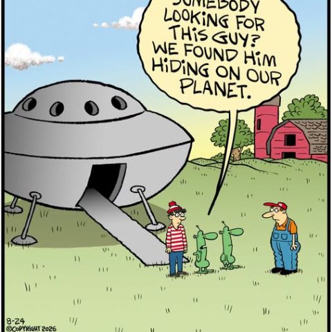 A man dressed as Waldo stands beside aliens next to a flying saucer with a farmer looking at them in a field near a barn.