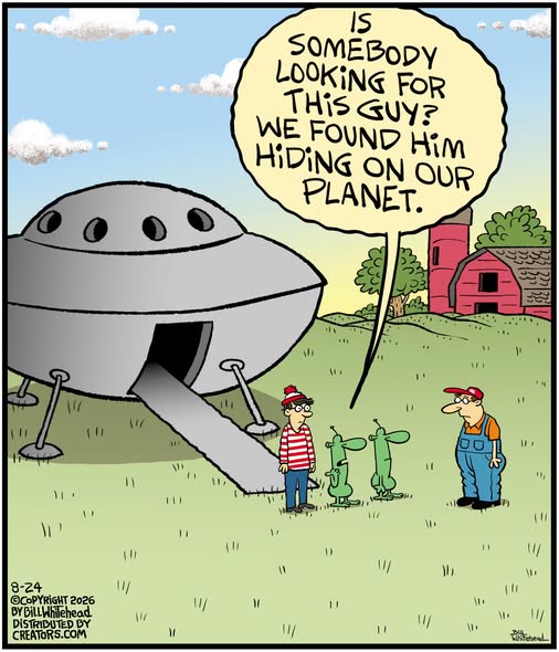 A man dressed as Waldo stands beside aliens next to a flying saucer with a farmer looking at them in a field near a barn.
