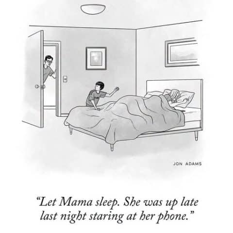 In a bedroom, a man peeks through a door while a child sits on the bed next to a sleeping woman, with a caption about Mama staying up late on her phone.