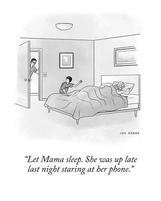In a bedroom, a man peeks through a door while a child sits on the bed next to a sleeping woman, with a caption about Mama staying up late on her phone.