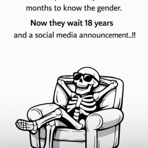 Skeleton wearing sunglasses reclining in an armchair with text about parents waiting to know child's gender and modern social media announcements.
