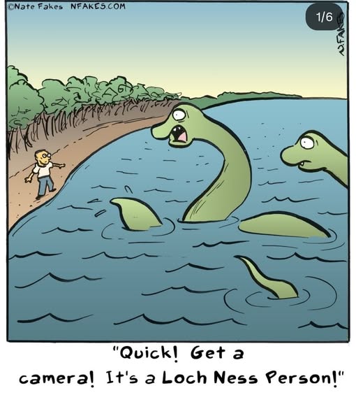 A cartoon shows a person standing on a shore pointing excitedly at a green creature with a long neck and a human-like face emerging from the lake water, with one more similar creature partially visible in the background.