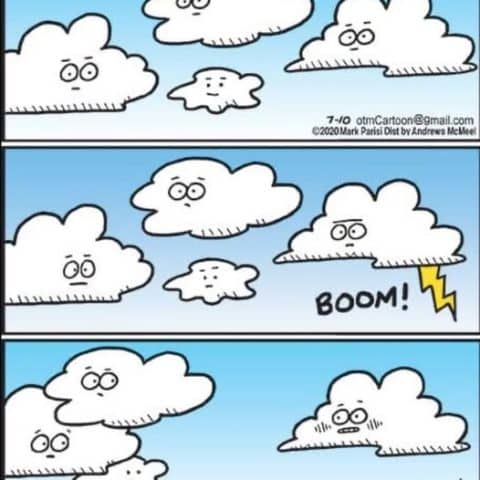 Three panels showing cartoon clouds with expressive faces; two clouds argue leading to one striking lightning, then the smaller cloud flees.