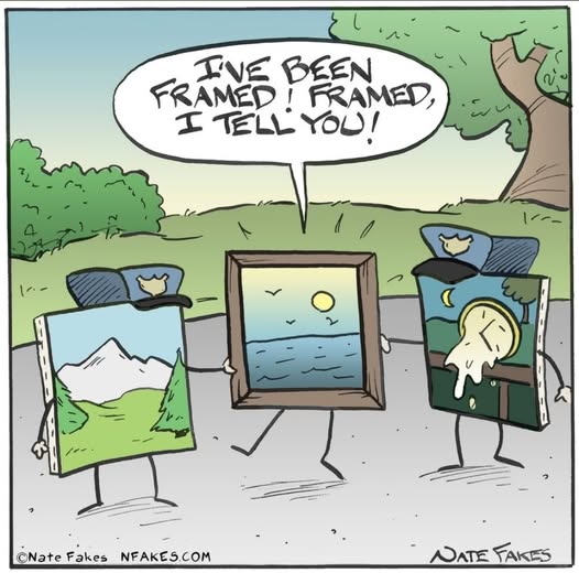 Three paintings with human limbs and police hats. One painting shows a mountain scene, another a seascape, and the third a melting clock scene. The seascape painting says, "I've been framed! Framed, I tell you!"