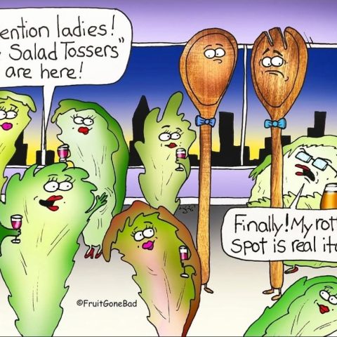 Cartoon of anthropomorphic lettuce leaves holding drinks at a party, noticing two wooden salad utensils in bow ties entering; one lettuce remarks about a rotten spot being itchy.