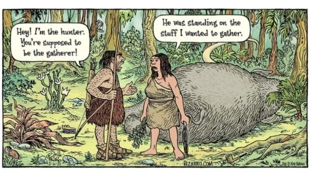 A prehistoric man holding a spear and a prehistoric woman holding a fish, arguing beside a large hunted animal lying on the ground in a forest setting. Speech bubbles show their dialogue about roles as hunter and gatherer.