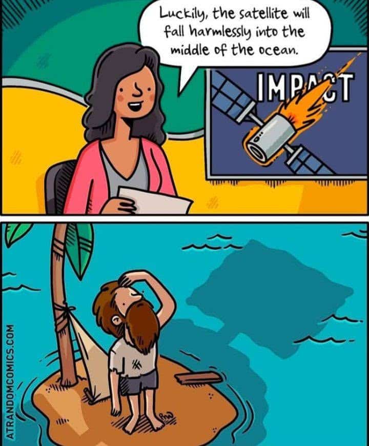 Two-panel comic showing a woman news anchor reporting on a satellite crashing harmlessly into the ocean, and a castaway looking confused on a tiny island with a satellite-shaped shadow in the water.