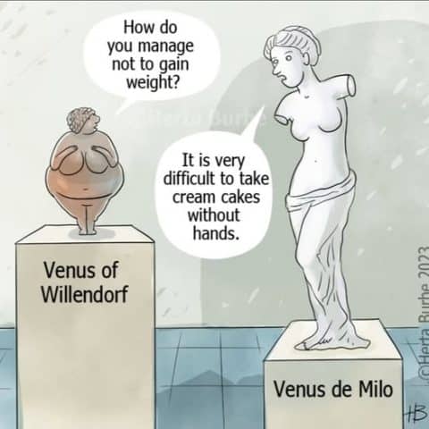 Two sculptures on pedestals in a museum: the Venus of Willendorf, a small rounded statue, and the Venus de Milo, a taller statue missing its arms, having a conversation about weight gain.