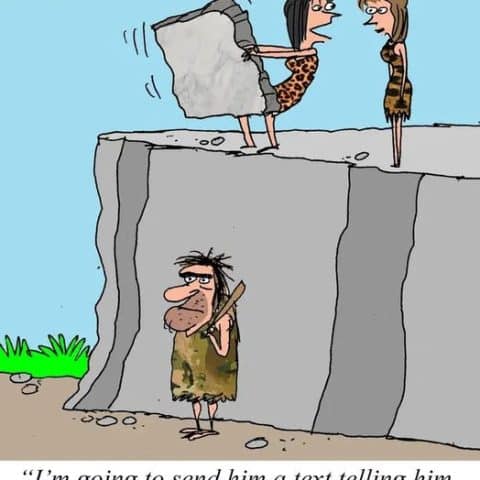 A cavewoman holding a large rock preparing to throw it off a cliff towards a caveman below, while talking to another cavewoman.