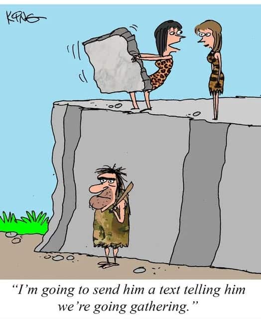 A cavewoman holding a large rock preparing to throw it off a cliff towards a caveman below, while talking to another cavewoman.