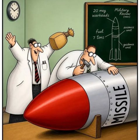 Two scientists in lab coats working on a large missile nose; one uses a hammer and chisel while the other holds a large burlap sack. A chalkboard shows missile parts and labels in the background.