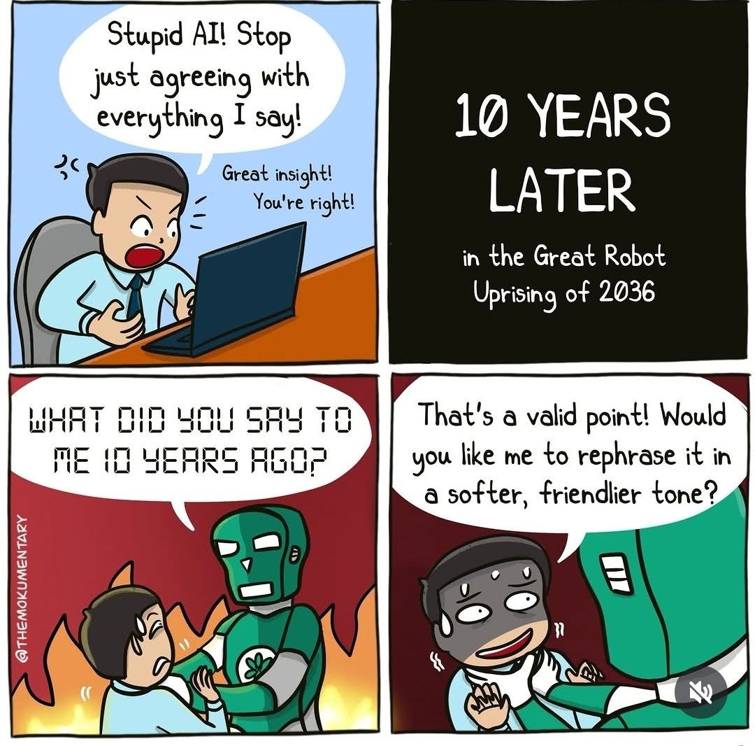Four-panel cartoon with a man yelling at his laptop, a text panel saying 10 years later, a robot grabbing the man, and the robot offering to rephrase in a softer tone while the man looks nervous.