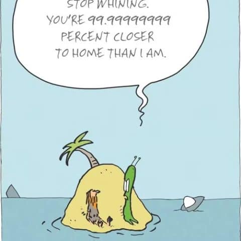 Two snails on a small island surrounded by water, one snail speaking with a speech bubble.