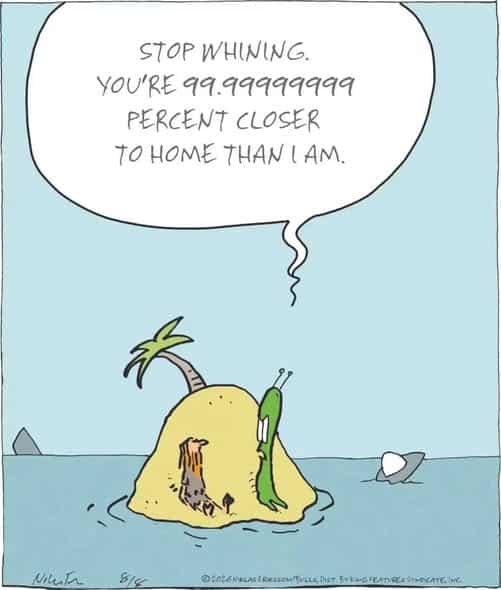 Two snails on a small island surrounded by water, one snail speaking with a speech bubble.
