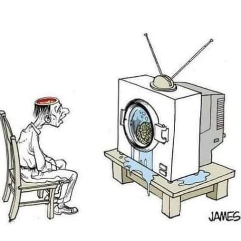 A cartoon showing a person sitting on a chair with the top of their head opened, facing a TV that looks like a washing machine leaking water while washing brains inside.