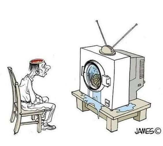 A cartoon showing a person sitting on a chair with the top of their head opened, facing a TV that looks like a washing machine leaking water while washing brains inside.