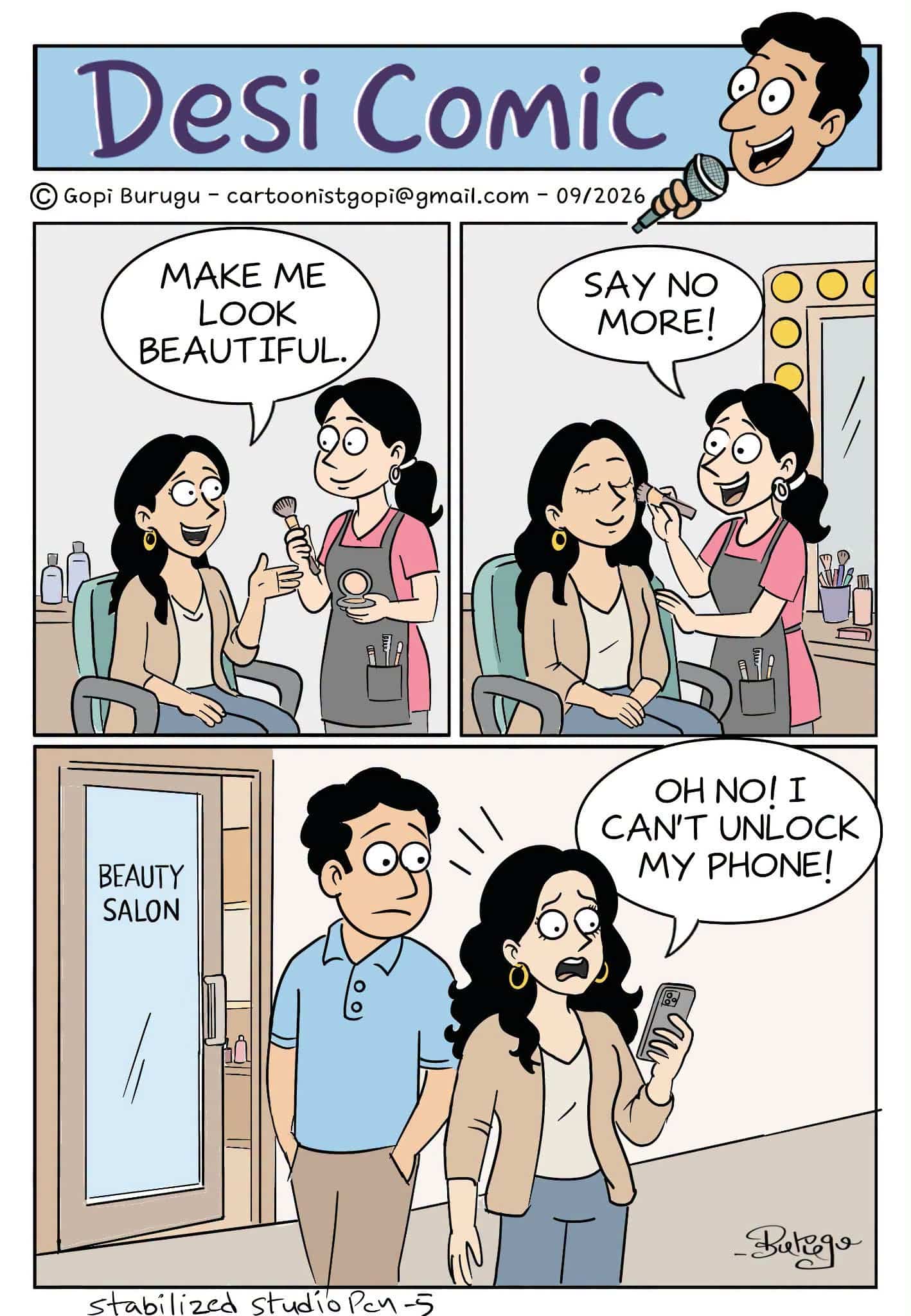 Three-panel comic. First panel shows a woman asking a makeup artist to make her look beautiful. Second panel shows the artist applying makeup while the woman closes her eyes. Third panel shows the woman trying to unlock her phone with a distressed expression while a man watches outside the beauty salon.