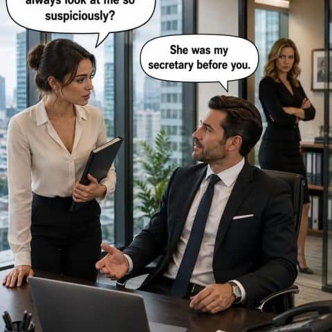 Man in a suit sitting at desk talking to a woman holding a folder while another woman looks on suspiciously in the background in an office setting.