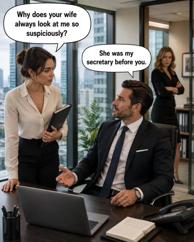 Man in a suit sitting at desk talking to a woman holding a folder while another woman looks on suspiciously in the background in an office setting.